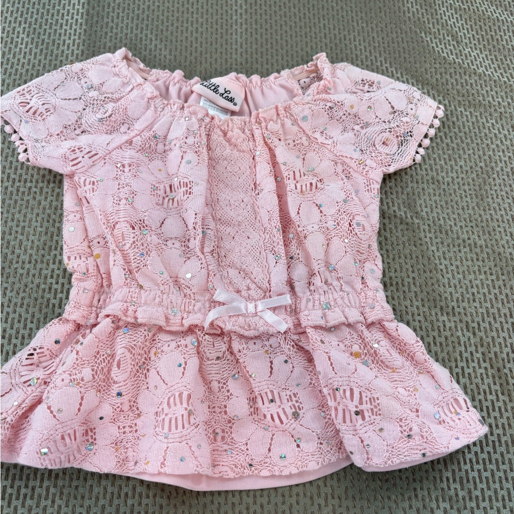 Little Lass Pink Floral Lace Peplum Top with Sequins & Bow Toddler/Girls 12 Mos